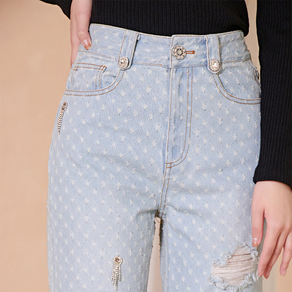 Pantalones Casuales con Cadena y Bajo Deshilachado