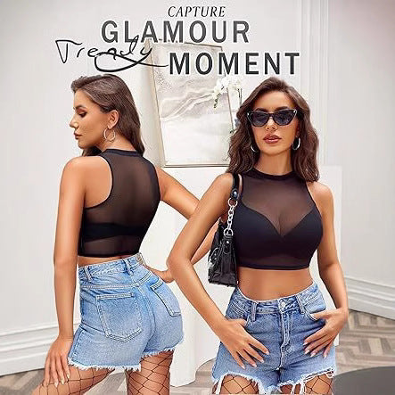 Blusa Transparente de Encaje Mesh con Cuello Redondo Sensual - Image 2