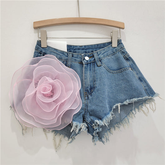 Shorts de Mezclilla con Flores Tridimensionales para Mujer