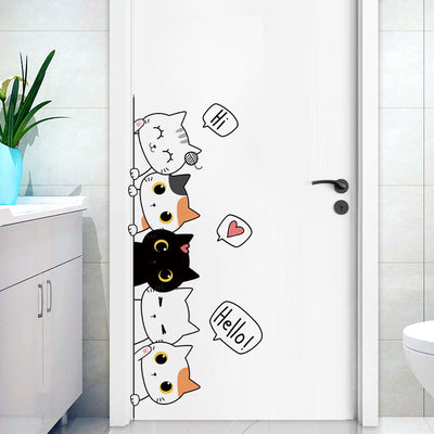 Cute cartoon cat wall sticker featuring five cats in white, black, and orange with speech bubbles. - Image 10