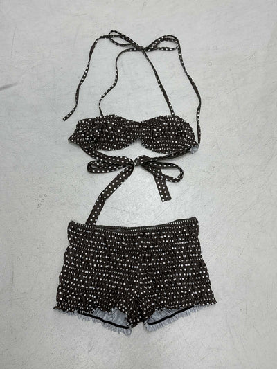 Dark brown polka dot halter bikini top with matching shirred high-waisted shorts for women. - Image 9