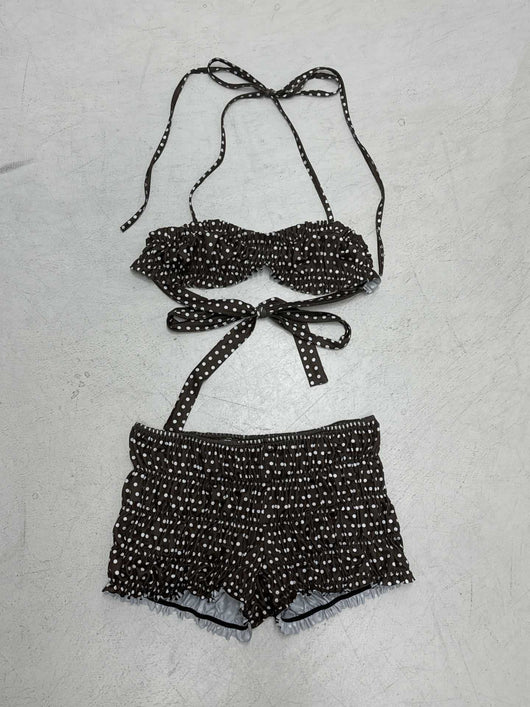 Dark brown polka dot halter bikini top with matching shirred high-waisted shorts for women. - Image 9