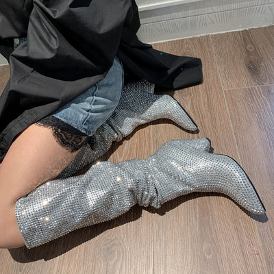 Botas Altas de Tacón Cónico con Cristales de Plata para Mujer