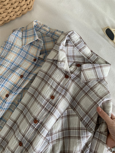 Camisa Cuadriculada de Algodón Retro Lavado Artístico para Mujer - Image 15