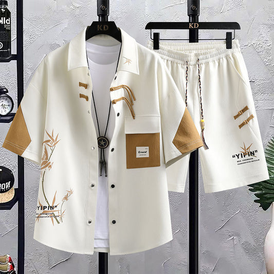 Conjunto de Traje Estilo Chino para Hombre - Camisa Manga Corta y Shorts Verano