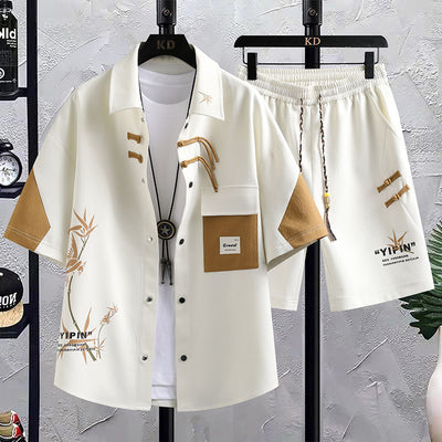 Conjunto de Traje Estilo Chino para Hombre - Camisa Manga Corta y Shorts Verano