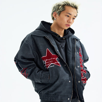 Chaqueta de Cuero Premium con Bordado y Cuello Alto para Hombre - Image 3