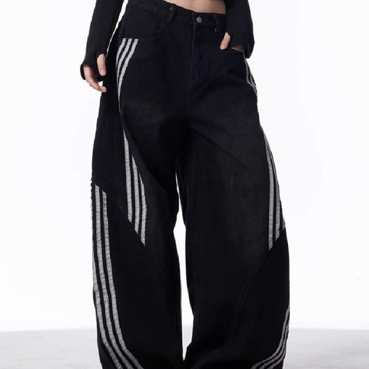 Pantalones Jeans Anchos Efecto Vintage con Costuras a Rayas para Mujer