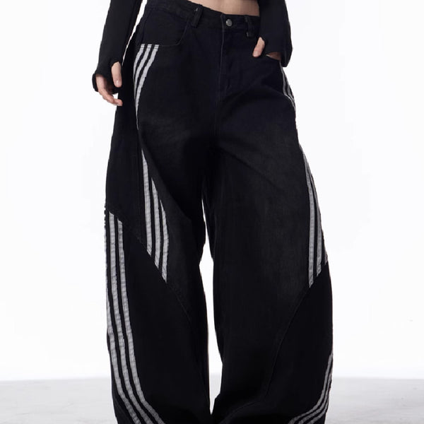 Pantalones Jeans Anchos Efecto Vintage con Costuras a Rayas para Mujer