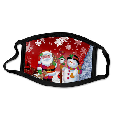Black face mask with a cartoon print of Santa Claus ice skating with snowmen and Christmas trees. - Image 8