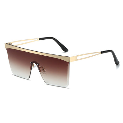 Gold frame square sunglasses with a one-piece gradient blue lens and black temple tips. - Image 9