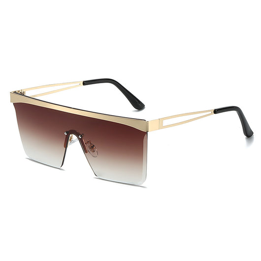 Gold frame square sunglasses with a one-piece gradient blue lens and black temple tips. - Image 9