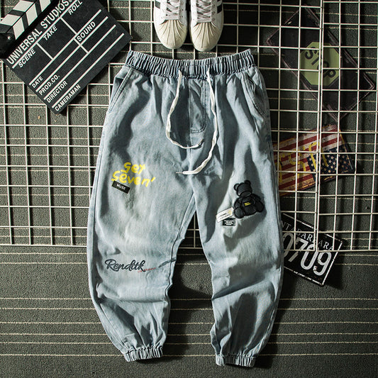 Jeans Vintage Sueltos para Hombre con Estampado de Oso y Letras