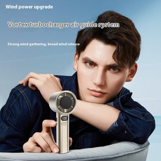 Starry Gray handheld fan with a digital display showing '100' and control buttons, featuring a sleek, modern design.