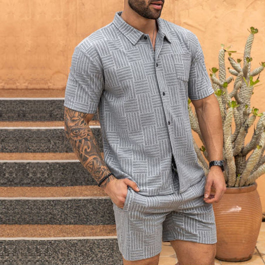 Camisa Casual Jacquard con Solapa y Botones - Conjunto Elegante para Hombre - Image 8