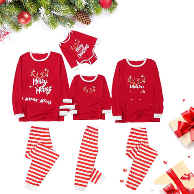 Red and white Christmas pajama set with a long-sleeve top featuring 'Merry Christmas' text and reindeer antlers, paired with striped pants. - Image 3