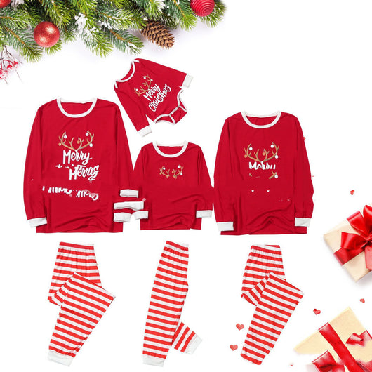 Red and white Christmas pajama set with a long-sleeve top featuring 'Merry Christmas' text and reindeer antlers, paired with striped pants. - Image 3