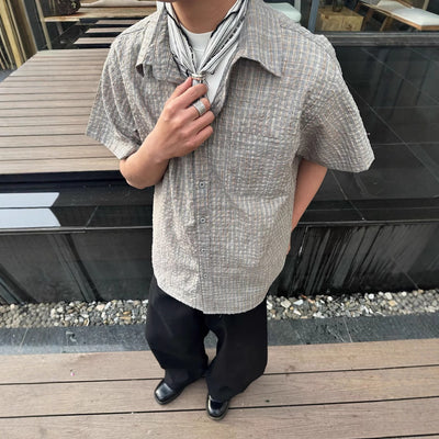 Camisa Cuadriculada Seersucker Suelta para Hombre - Manga Corta Verano - Image 3