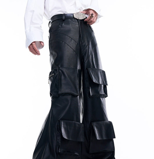 Pantalón de Cuero Ancho Otoñal con Bolsillos Tridimensionales - Image 5