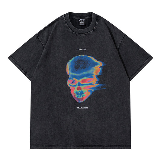 Camiseta Retro Suelta Estampado Calavera Abstracto para Hombre y Mujer