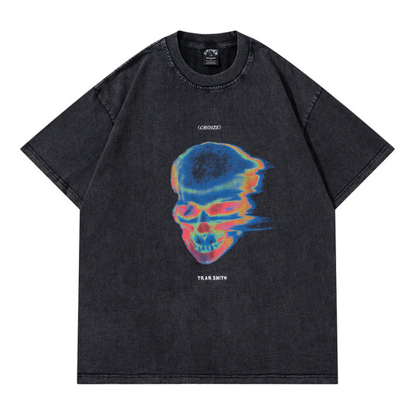 Camiseta Retro Suelta Estampado Calavera Abstracto para Hombre y Mujer
