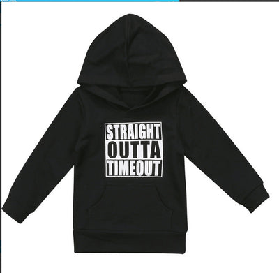 Black children's hooded pullover sweater with "STRAIGHT OUTTA TIMEOUT" in white text and a kangaroo pocket. - Image 10