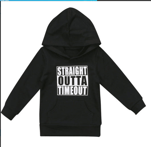 Black children's hooded pullover sweater with "STRAIGHT OUTTA TIMEOUT" in white text and a kangaroo pocket. - Image 10