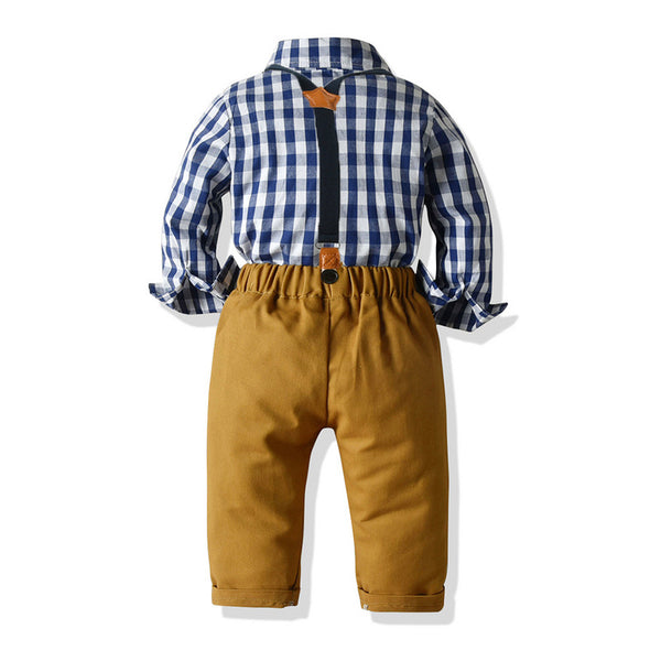 Conjunto Infantil Estilo Coreano: Camisa Cuadriculada de Algodón con Babero Desmontable