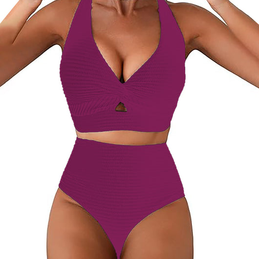 Women's teal ribbed two-piece swimsuit featuring a halter neck top with twisted front and high-waisted bottoms. - Image 44