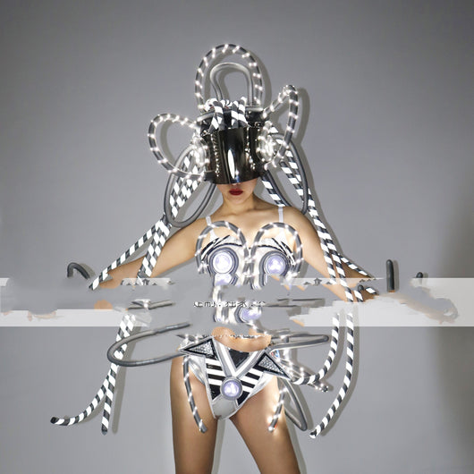 Traje de Rendimiento Cyberpunk con LED Luminoso Plateado - Image 5