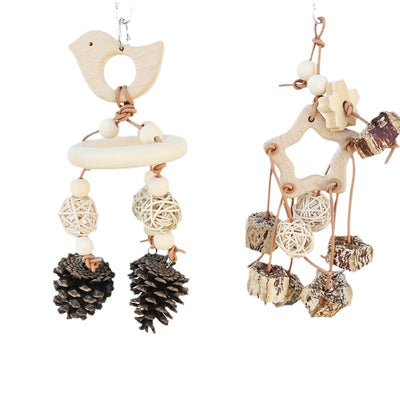 Natural bird toy with a wooden bird, ring, beads, rattan balls, and pinecones, hanging from a metal clip. - Image 5