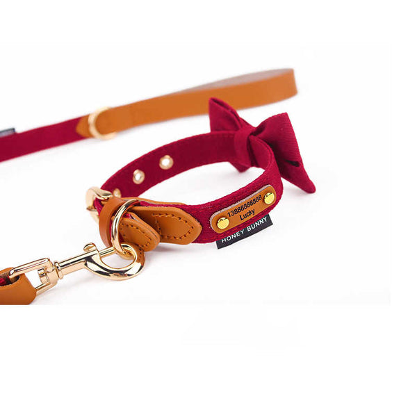 Collar de Cuero para Perro con Letras y Moño - Correa de Mano