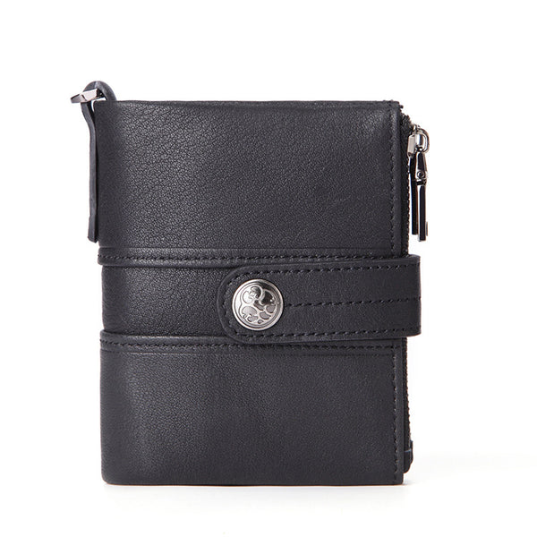 Billetera de Cuero Genuino con Cierre y Hebilla Retro para Hombre