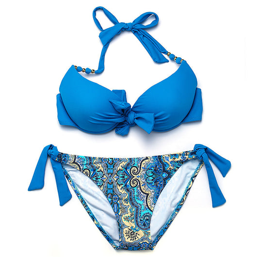 Hot pink halter bikini top with front knot and gold beads, paired with a colorful paisley tie-side bikini bottom. - Image 14