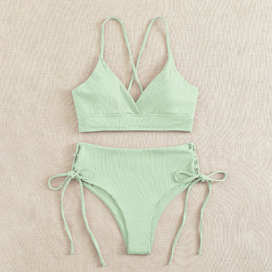 Light green ribbed bikini set with a V-neck bralette top and high-waisted bottoms featuring side tie details. - Image 7