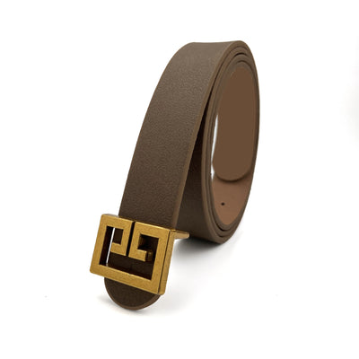 Women's brown imitation leather belt with a decorative bronze-colored square buckle featuring a geometric pattern. - Image 4