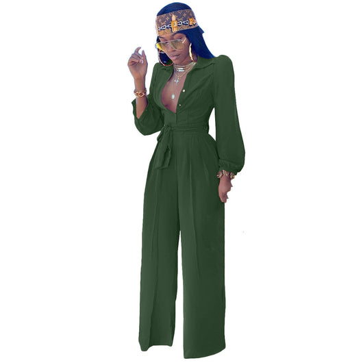 Jumpsuit Casual de Color Liso con Cuello Camisero y Cinturón - Image 4