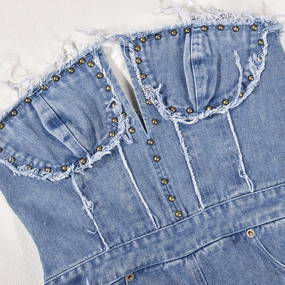Mono Denim Ajustado con Detalles de Pedrería y Ojales Decorativos - Image 21