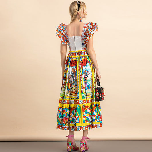 Vestido de Algodón con Estampado Guerrero de Mangas Volantes - Image 12