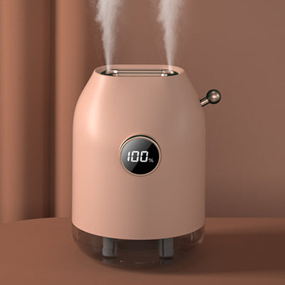 Dark green double nozzle humidifier with rose gold accents, digital display showing 100%, emitting mist. - Image 6