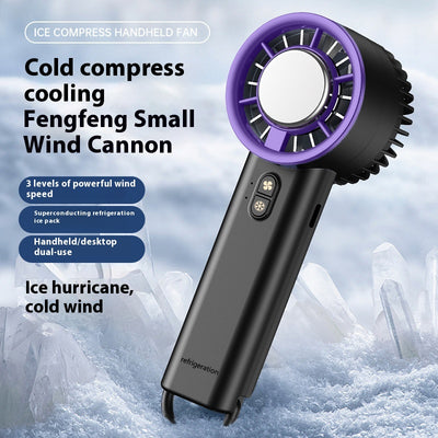 Obsidian black handheld fan with gold accents, digital display, and semiconductor ice cooling for high-speed cool air. - Image 4