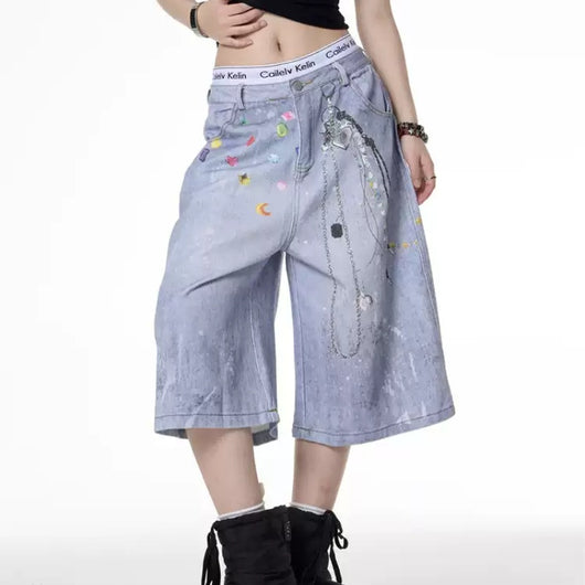 Shorts Denim Retro con Cadena Estampada para Mujer - Image 7