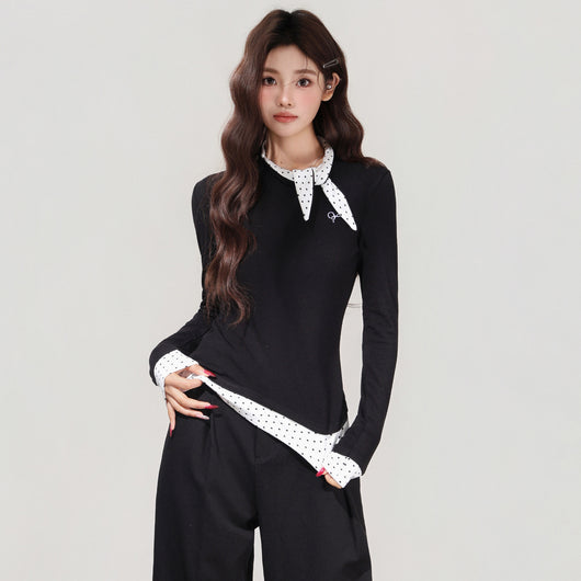 Blusa Negra con Lunares y Moño - Efecto Dos Piezas, Manga Larga - Image 3
