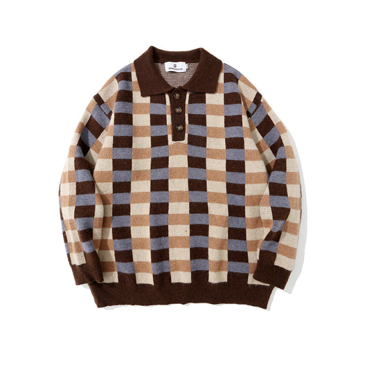 Suéter Polo Cuadros Hombre Estilo Urbano Corte Relajado - Image 8