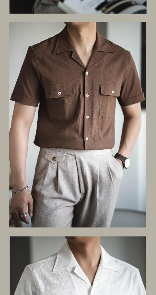 Camisa Retro Seersucker de Color Sólido con Cuello Cubano Británico - Image 15