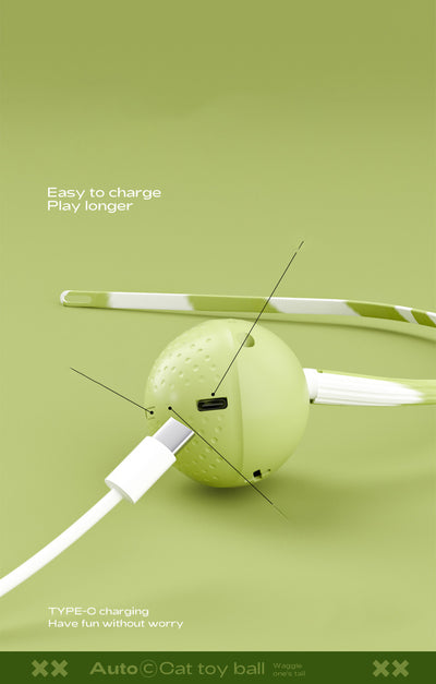 Light green interactive cat ball toy with a green and white striped flexible wand, shown with a white USB charging cable. - Image 13