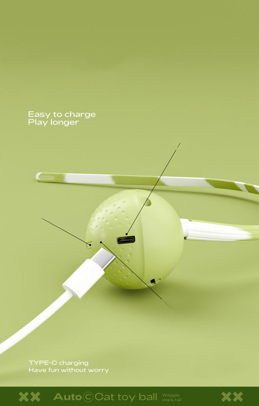 Light green interactive cat ball toy with a green and white striped flexible wand, shown with a white USB charging cable. - Image 13