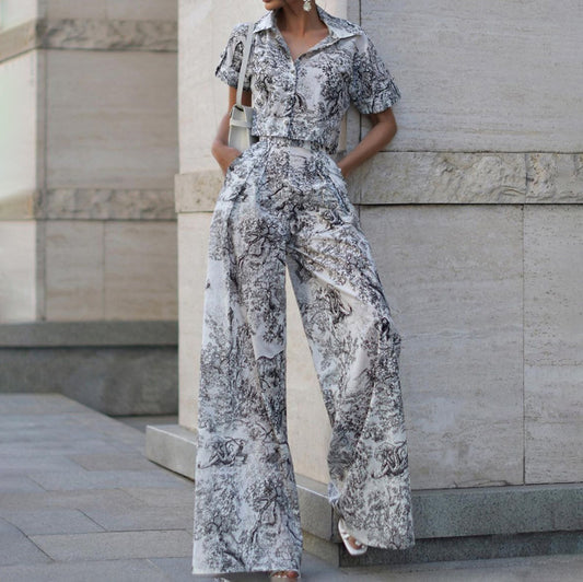 Conjunto de Dos Piezas: Camisa Estampada con Pintura China y Pantalón Ancho Cintura Alta