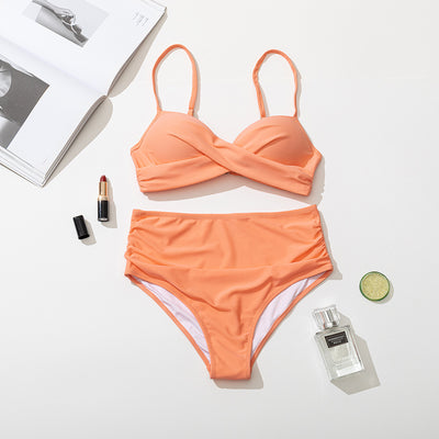 Women's black two-piece bikini with a twisted front bandeau top and high-waisted ruched bottoms. - Image 20