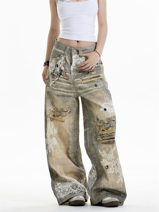 Pantalones Vaqueros Estampado Cruzado Mujer Pierna Ancha - Image 2